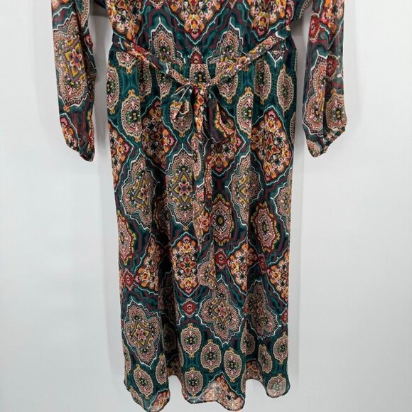 LOFT dress midi Womens Sz Large petite Boho medallion Patterned Belt Green long - Picture 4 of 12
